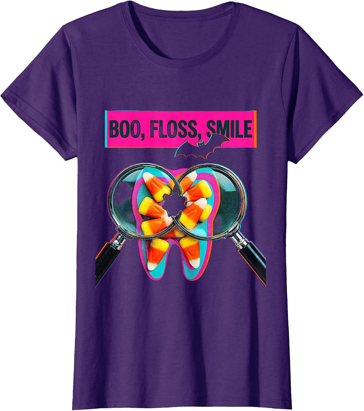 Women's Boo Floss Smile Risograph Dental Hygienist Halloween Humor T-Shirt - Purple