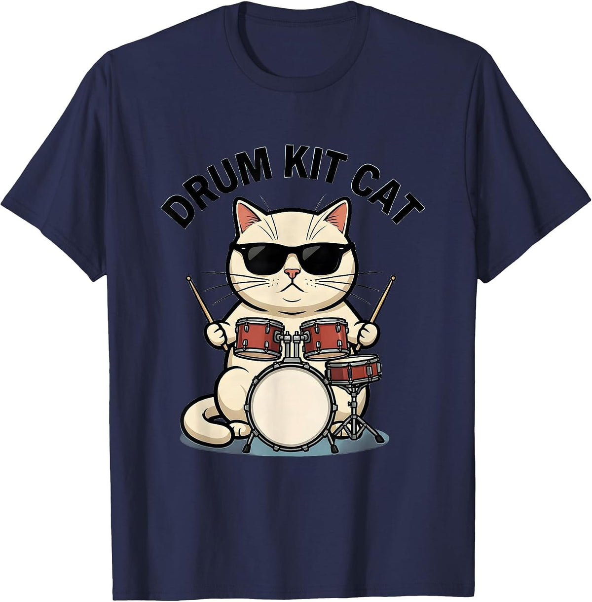 Drum Kit Cat Funny Cat Wearing Sunglasses Playing Drums T-Shirt - Navy Blue