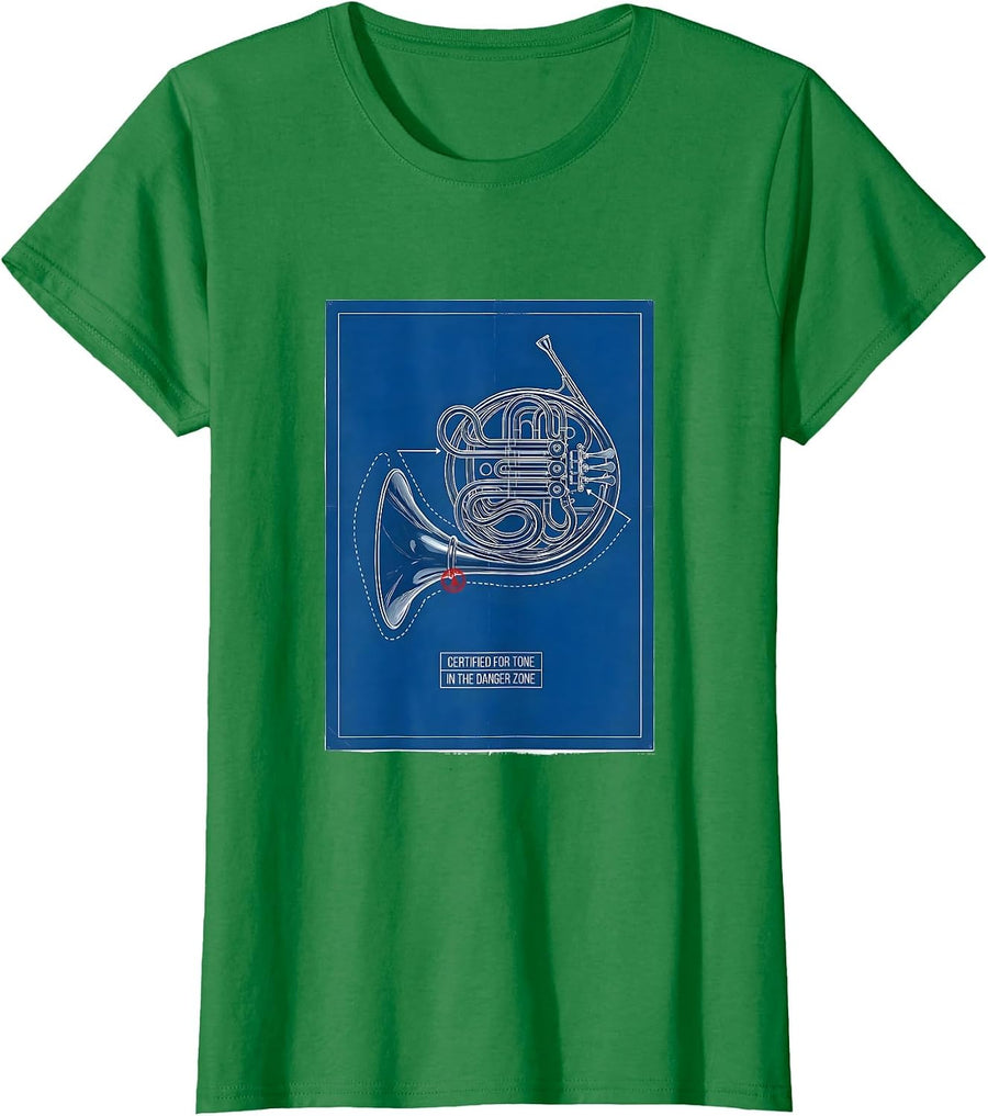 Women's Certified For Tone In The Danger Zone Funny French Horn T-Shirt - Kelly Green