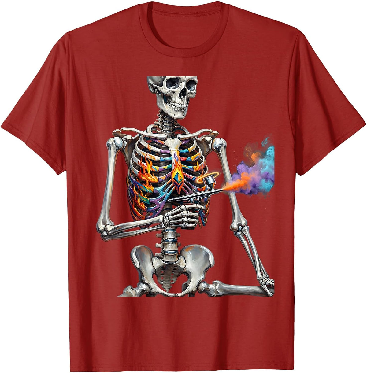 Skeleton Artist Airbrushing Its Own Ribcage T-Shirt - Cranberry Red
