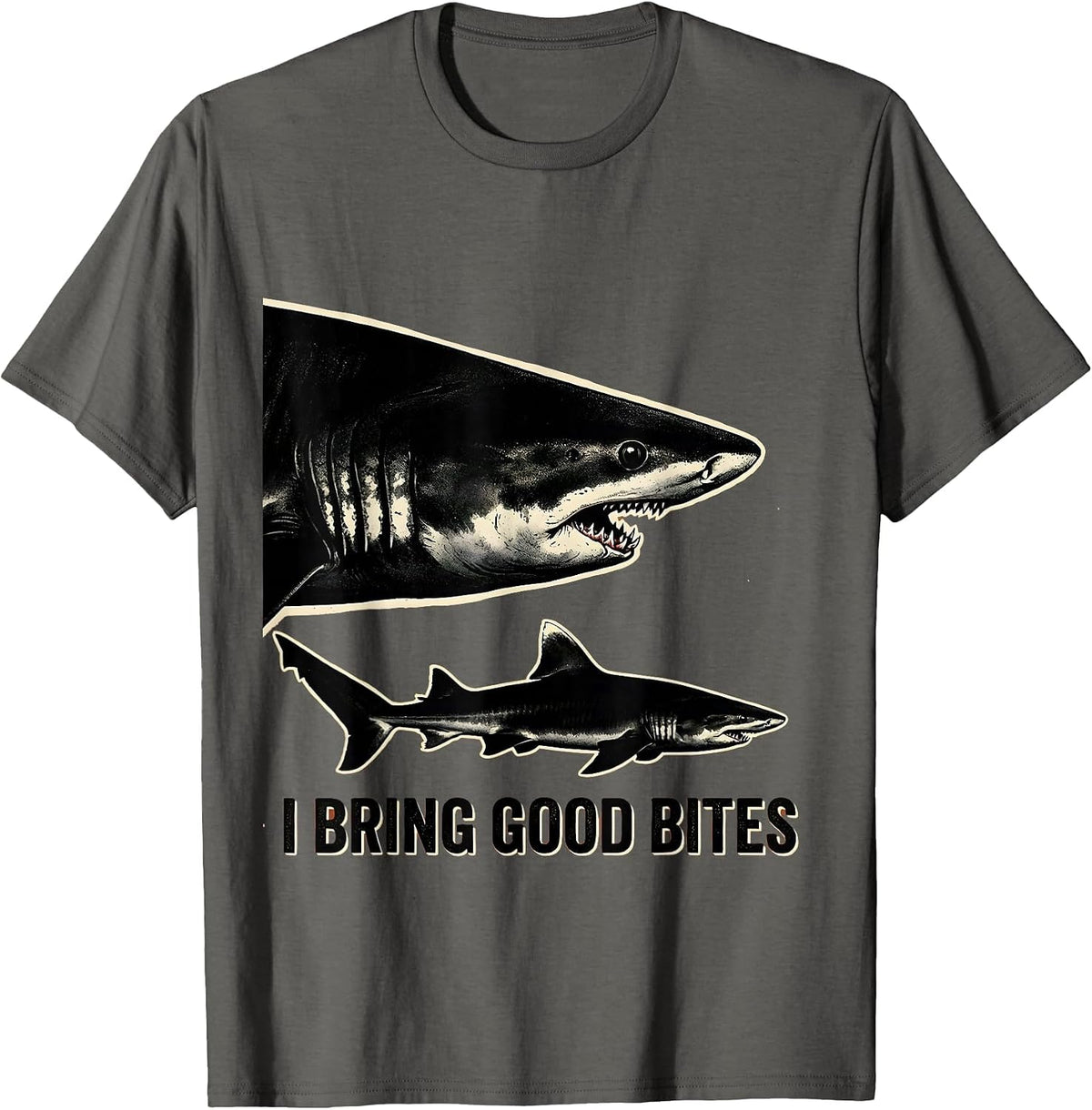 I Bring Good Bites Playful Shark Lover Ocean Wildlife Humor T-Shirt - Asphalt Grey