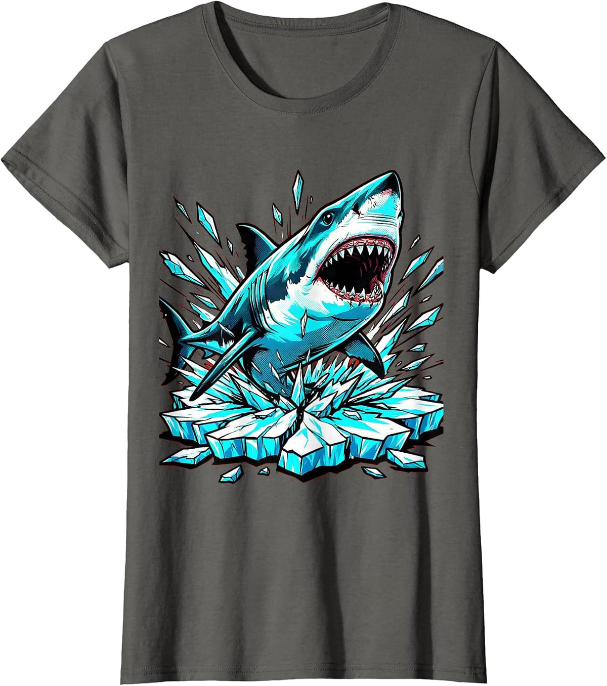 Women's Shark Bursting Through Cracked Ice Graphic T-Shirt - Asphalt Grey