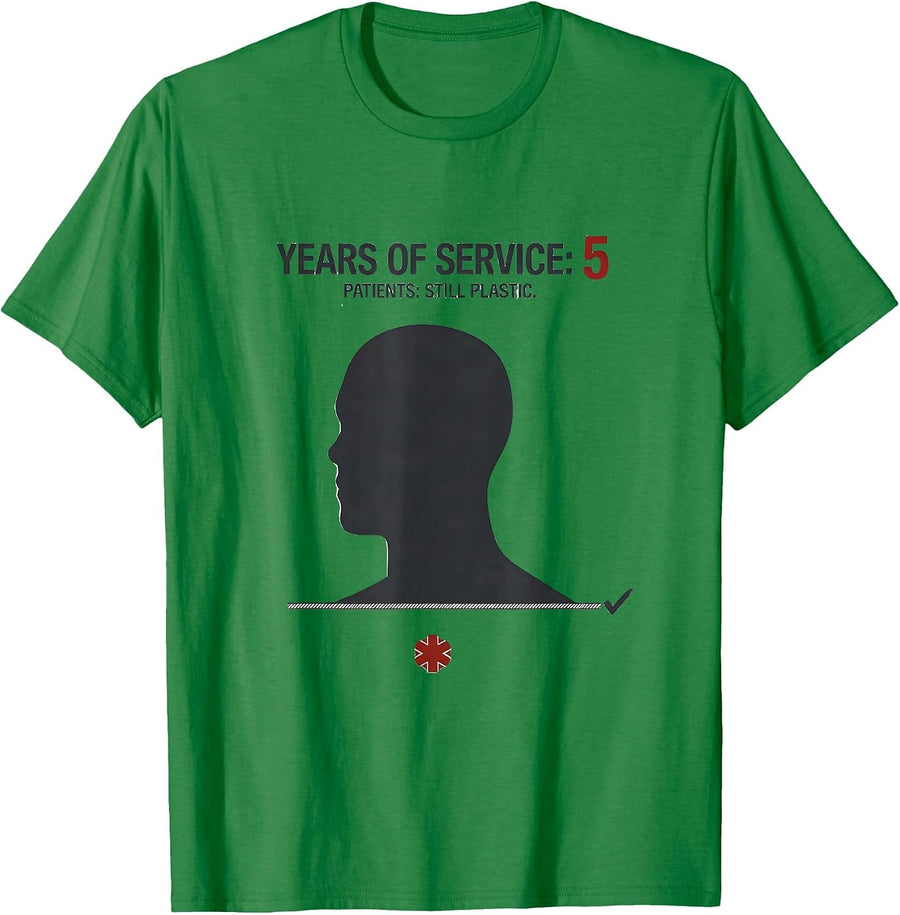 Men's Years Of Service: 5. Patients: Still Plastic Funny EMT T-Shirt - Kelly Green