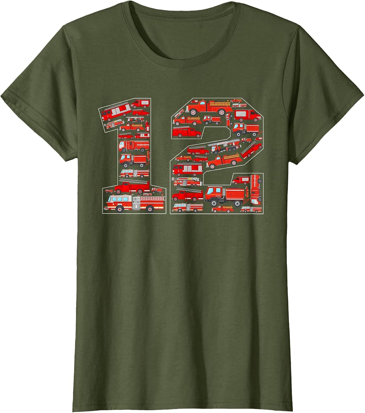 12th Birthday Fire Trucks Theme 12 Year Old Firefighter T-Shirt - Olive Green