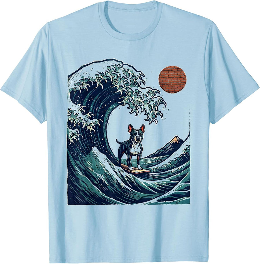Men's American Staffordshire Terrier Japanese Great Wave Surfing T-Shirt - Baby Blue