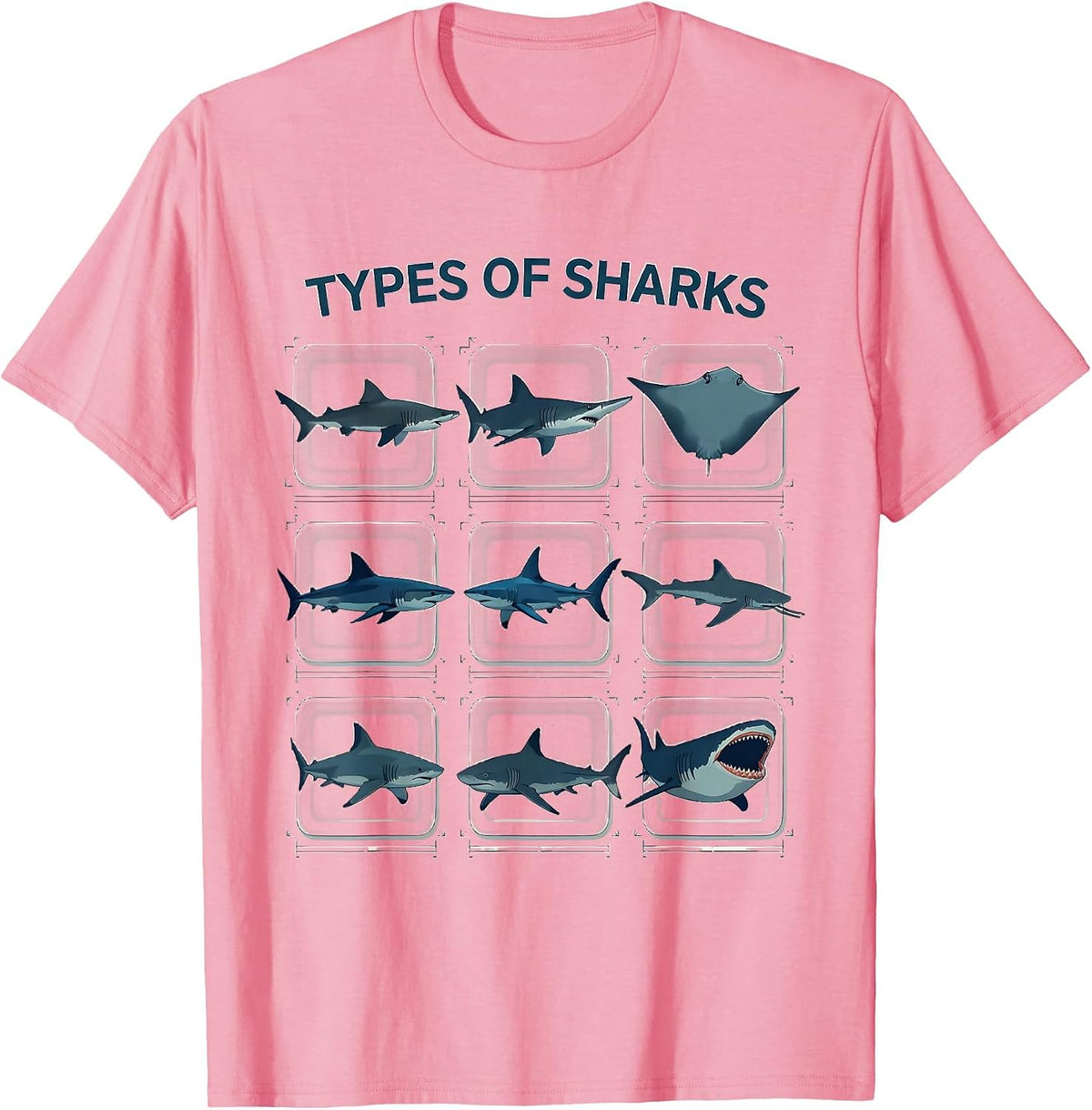 Men's Types Of Sharks Flat Vector Marine Biology Ocean Wildlife T-Shirt - Pink