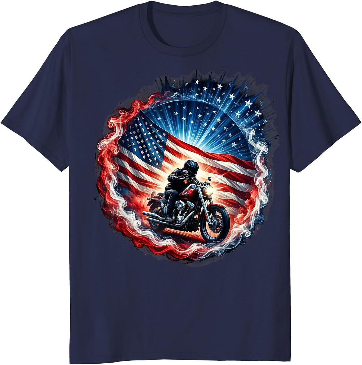 American Flag Motorcycle Rider Patriotic Biker Tee T-Shirt - Navy Blue