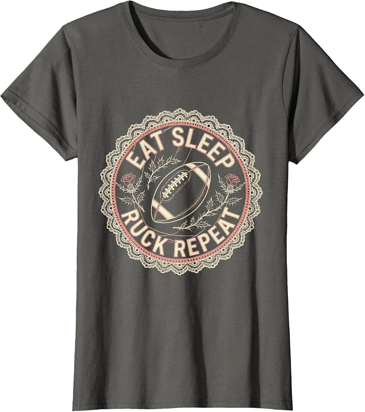 Women's Eat Sleep Ruck Repeat Rugby Graphic Design T-Shirt - Asphalt Grey