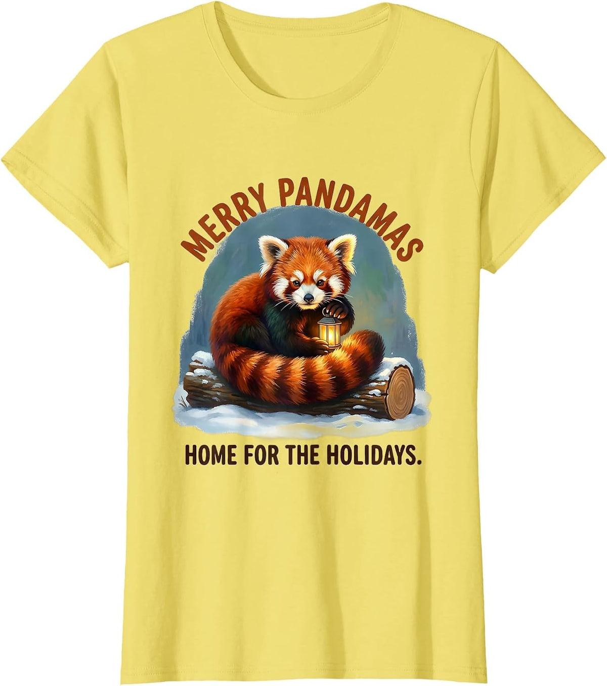 Women's Merry Pandamas, Home For The Holidays Cute Red Panda Lover T-Shirt - Lemon Yellow