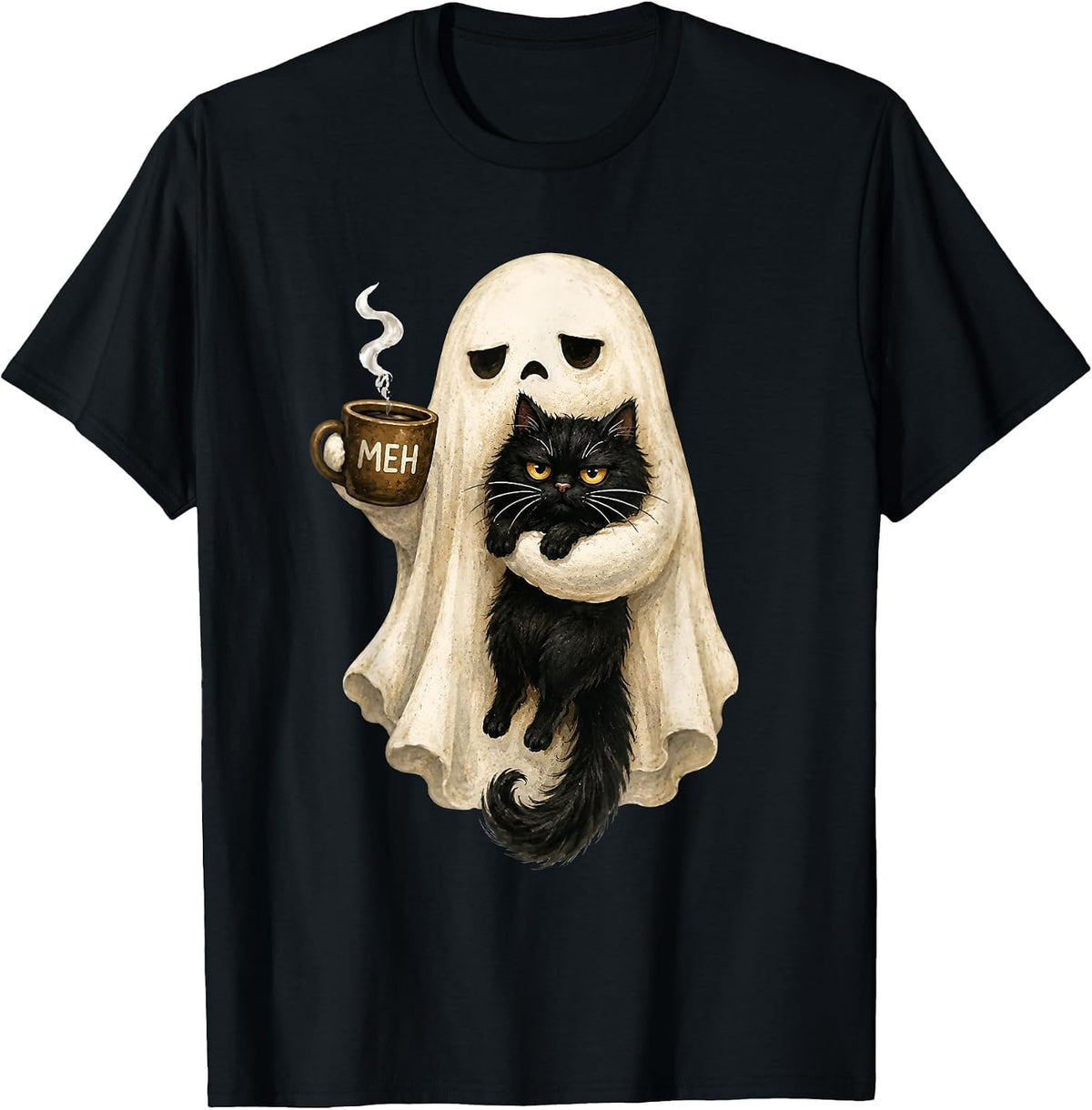 Ghost Cat Spooky Black Cat Funny Halloween Coffee Lover T-Shirt Tee for Women Men - Black