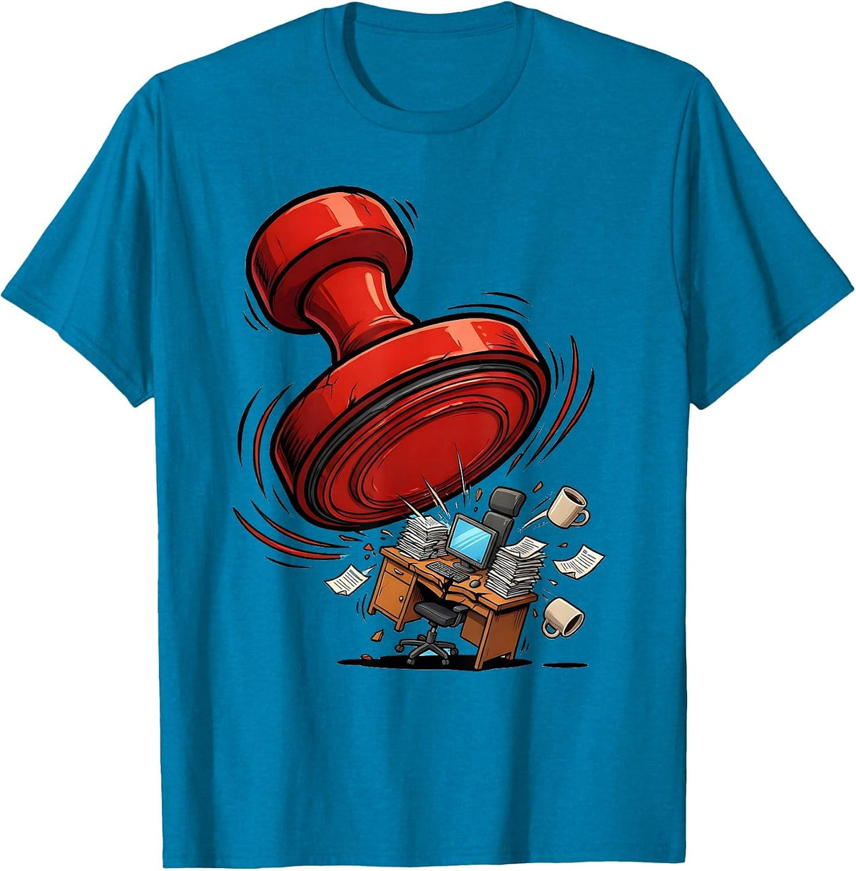 Giant Red Stamp Crushing Office Desk Graphic T-Shirt - Sapphire Blue