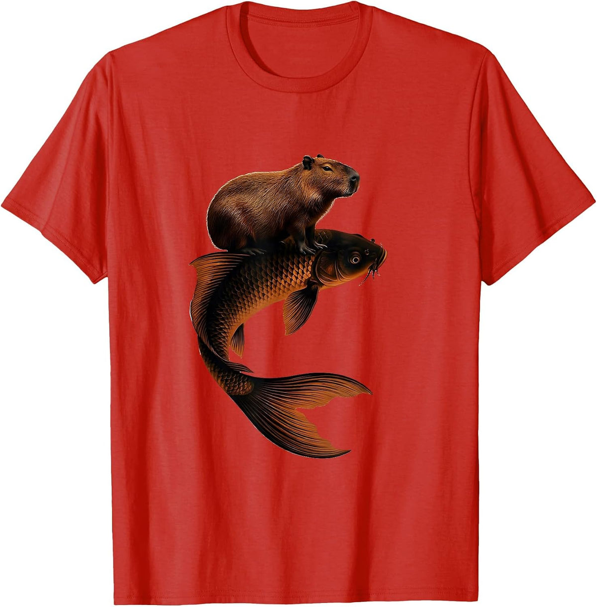 Men's Capybara Riding Giant Koi Fish Graphic T-Shirt - Red
