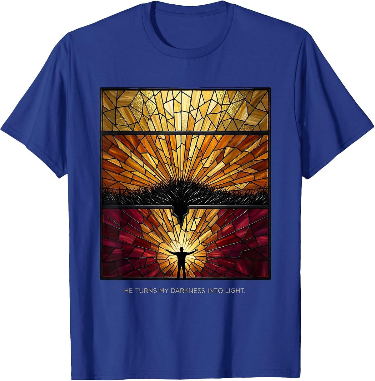 He Turns My Darkness Into Light Stained Glass Mosaic T-Shirt - Royal Blue