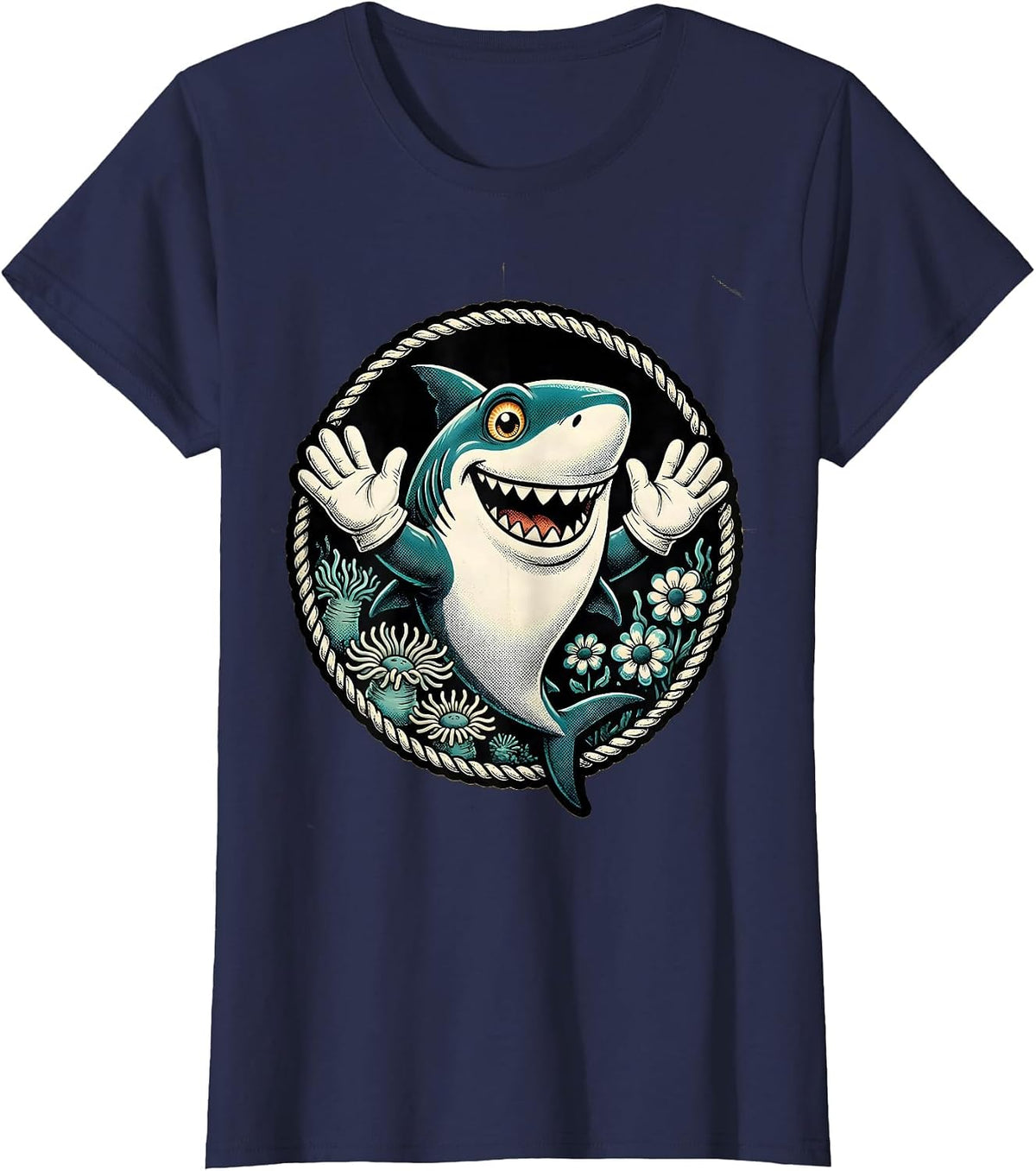 Women's Mommy Shark Floral Ocean Illustration T-Shirt - Navy Blue