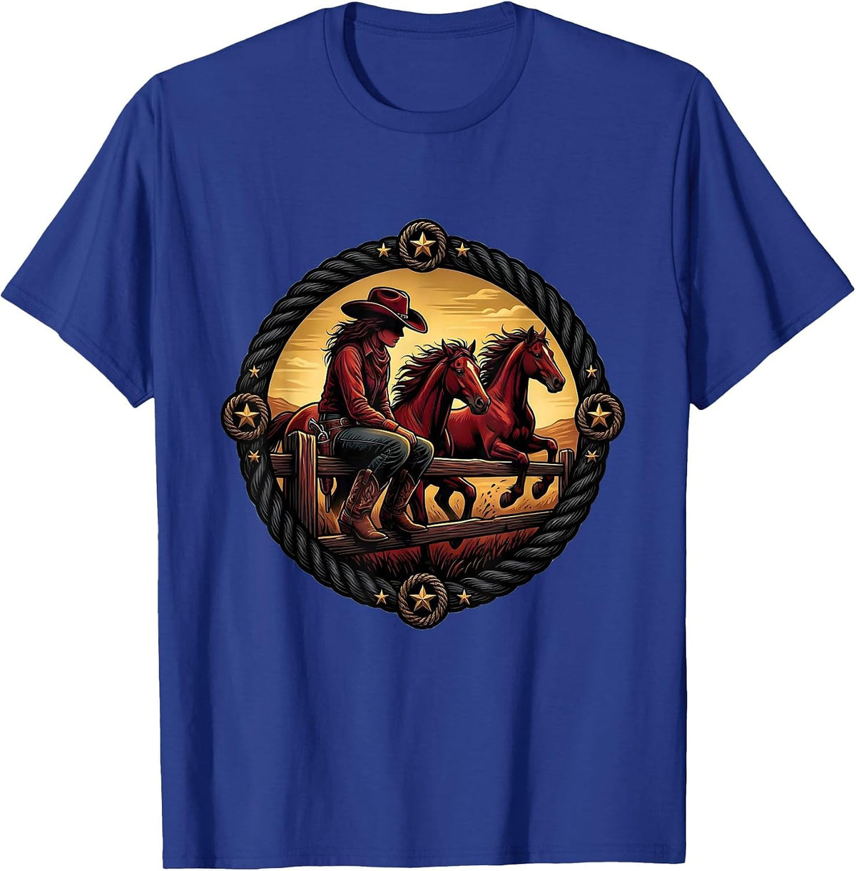 Men's Cowgirl Atop Fence Watching Wild Horses T-Shirt - Royal Blue