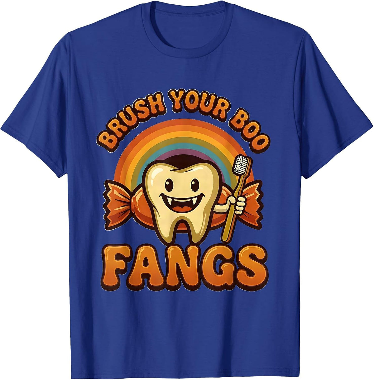 Brush Your Boo Fangs Retro 70s Dental Halloween Dentist Pun T-Shirt - Royal Blue