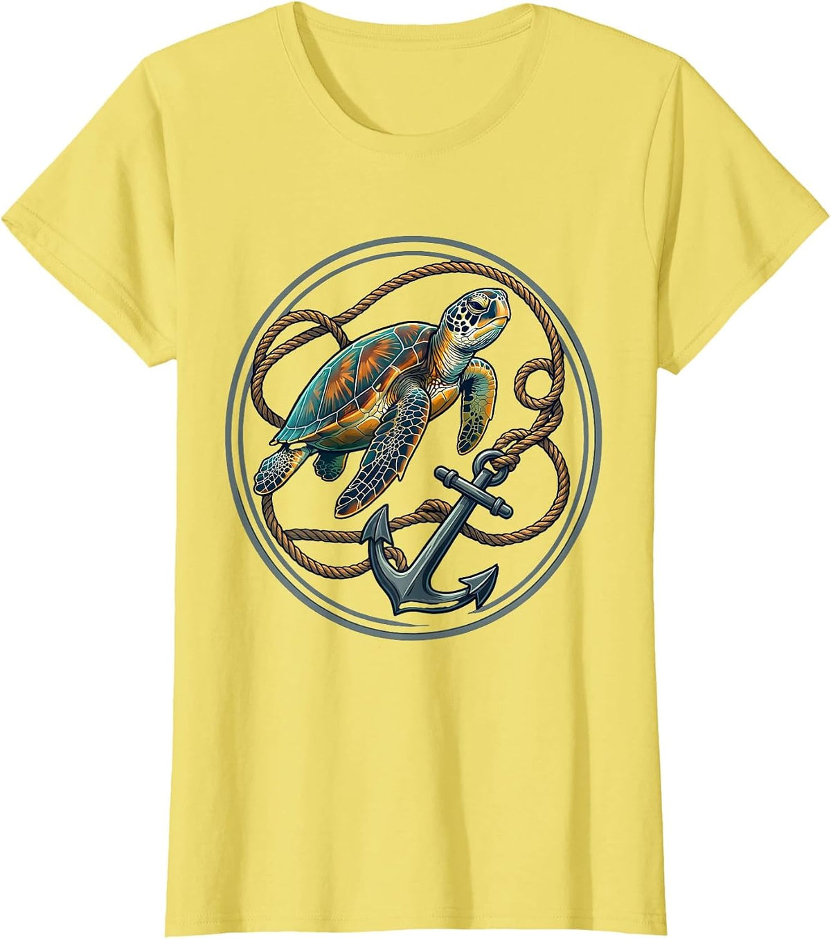 Sea Turtle Tangled in Anchor Rope Illustration T-Shirt - Lemon Yellow