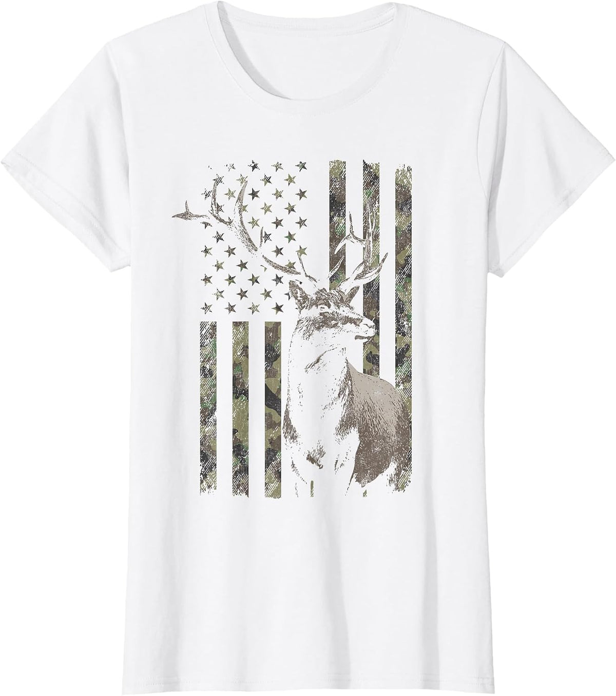 Elk Hunting Distressed Camo American Flag T-Shirt - White