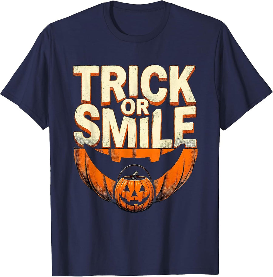 Trick Or Smile Funny Dental Hygienist Halloween Humor T-Shirt - Navy Blue