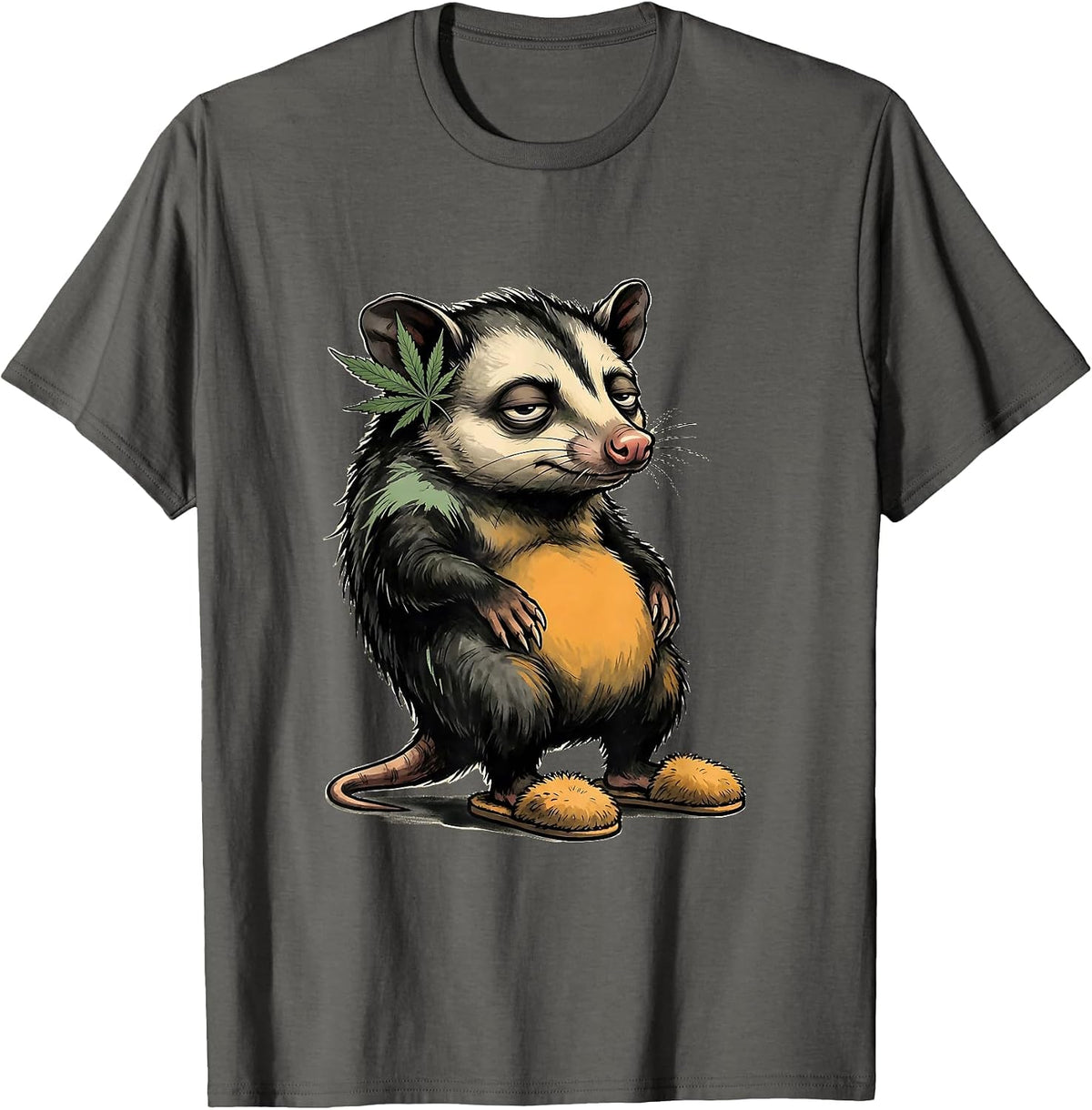 Deadpan Opossum Cannabis Leaf Stoner Humor Mascot T-Shirt - Asphalt Grey