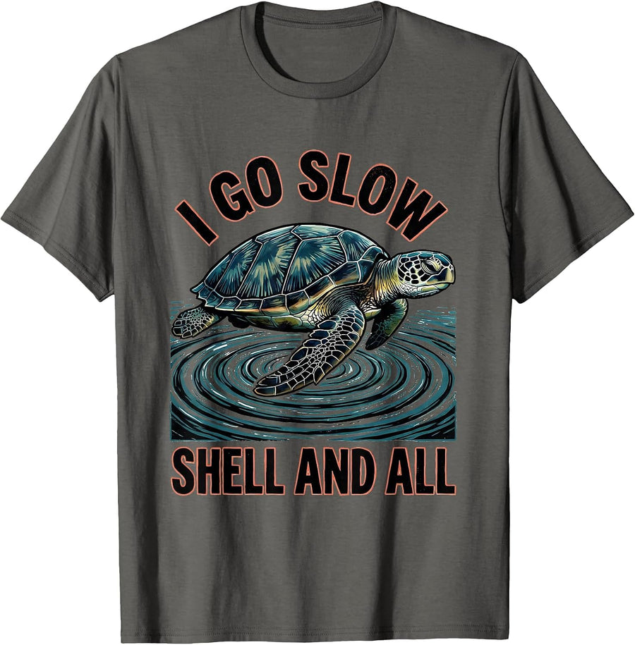 I Go Slow Shell And All Linocut Sea Turtle Ocean Lover Gift T-Shirt - Asphalt Grey