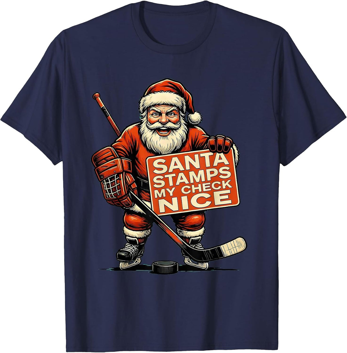Santa Stamps My Check Nice Retro Advertising Hockey Fan T-Shirt - Navy Blue