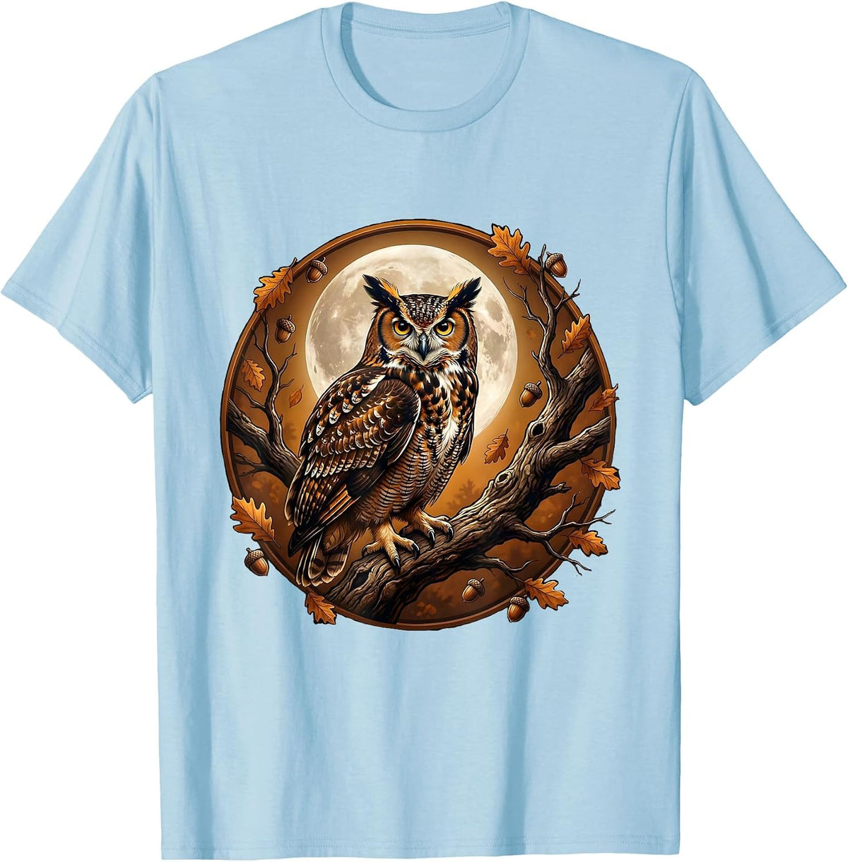 Men's Owl on Branch Full Moon Fall Night Illustration T-Shirt - Baby Blue