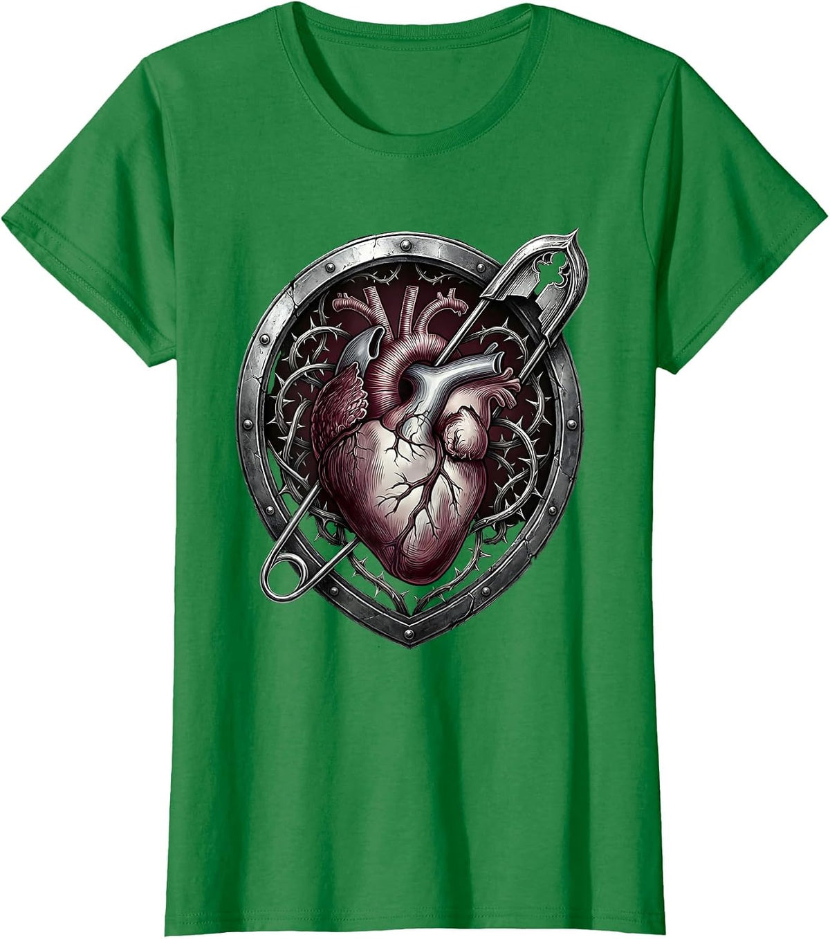 Punk Safety Pin Heart Graphic Tee T-Shirt - Kelly Green