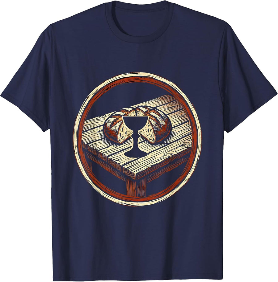 Jesus Bread and Wine Communion Graphic Tee T-Shirt - Navy Blue