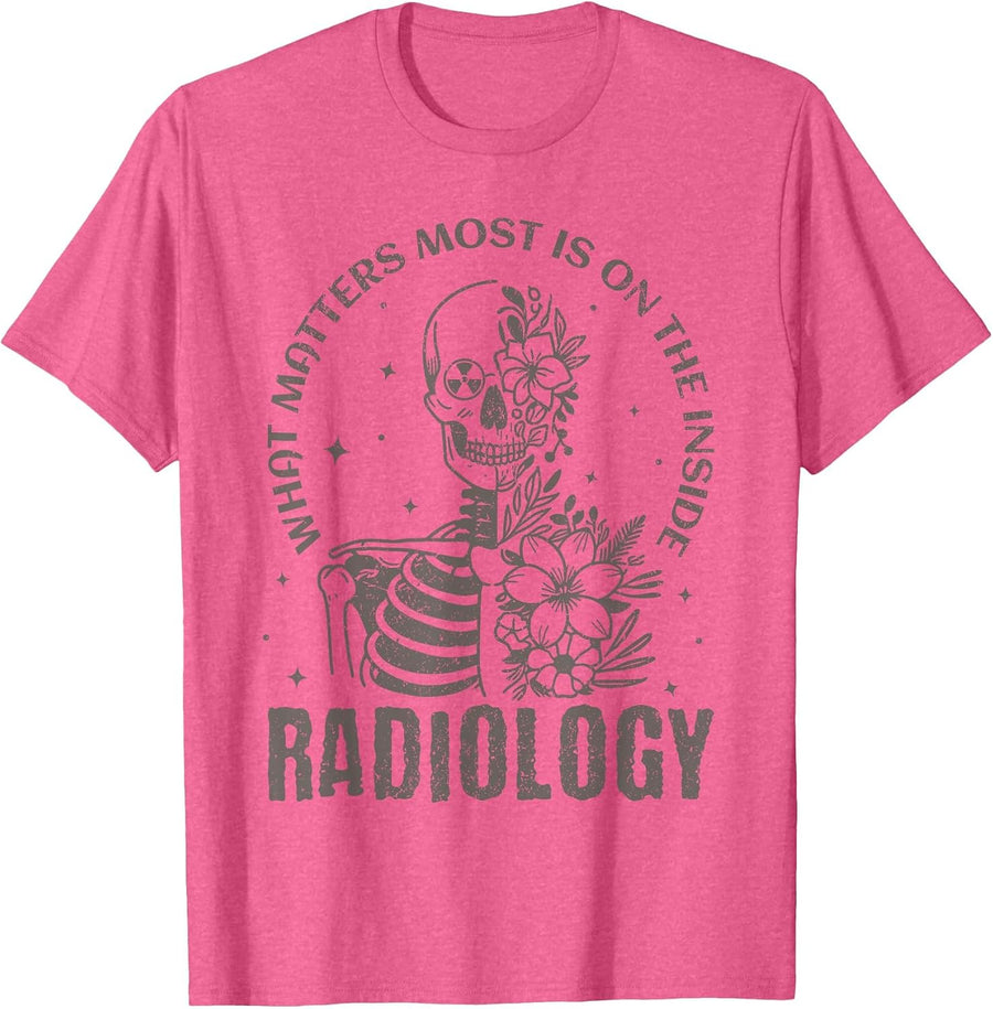 Radiology What Matters Most is On The Inside Floral Skeleton Tees T-Shirt - Pink Heather