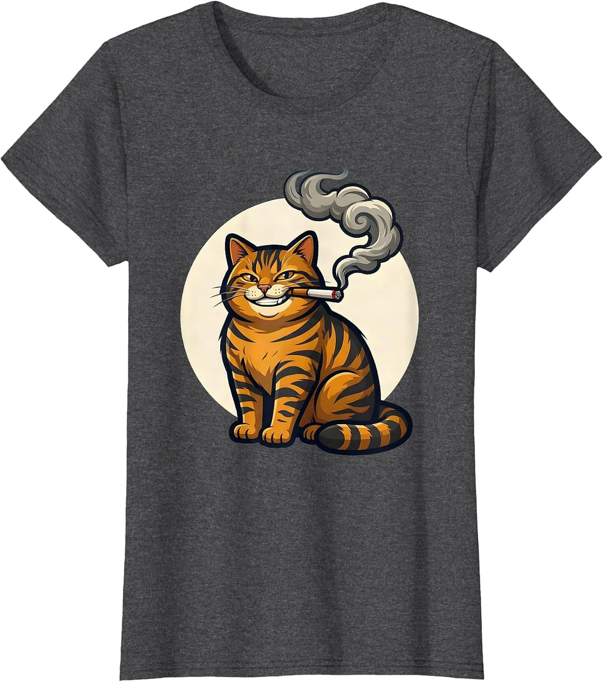 Women's Tabby Cat Blowing Smoke at Full Moon T-Shirt - Dark Heather Grey
