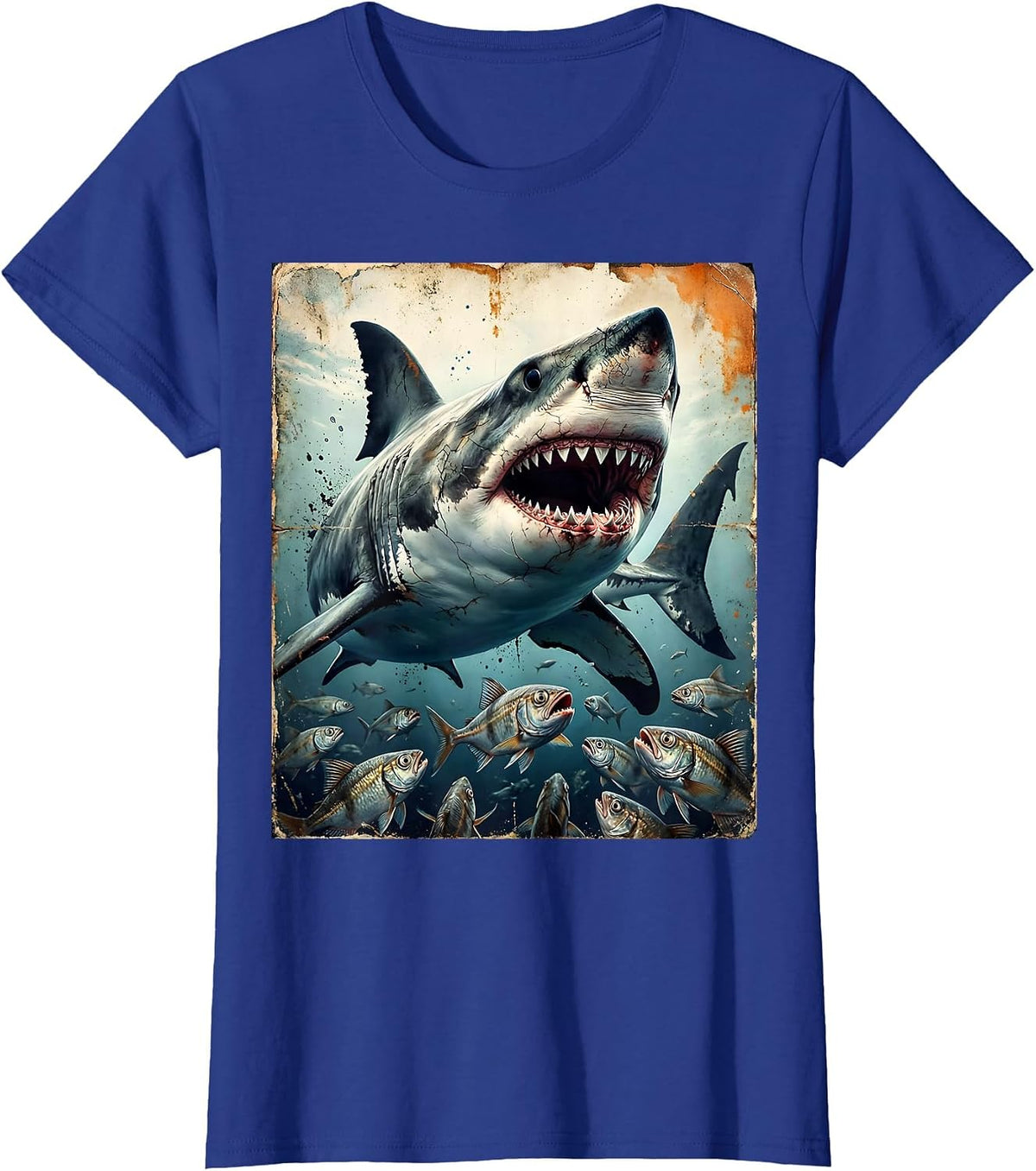 Women's Friendly Shark Waving at Tiny Fish Illustration T-Shirt - Royal Blue