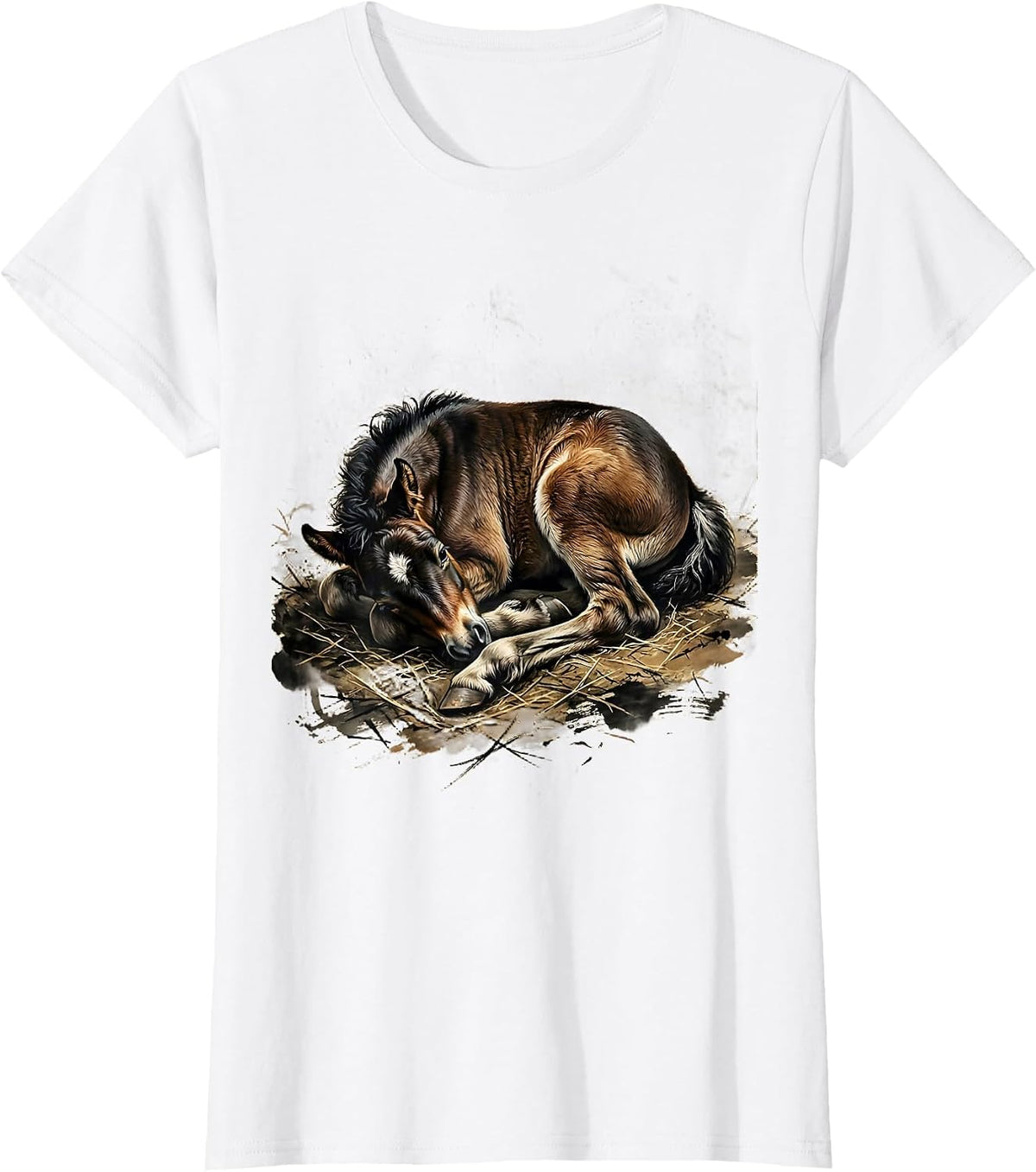 Sleeping Foal Curled Up in Hay Illustration T-Shirt - White