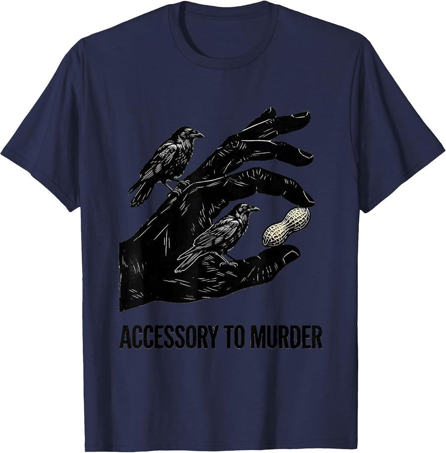 Accessory To Murder Linocut Dark Humor Crow Lover Sarcastic T-Shirt - Navy Blue