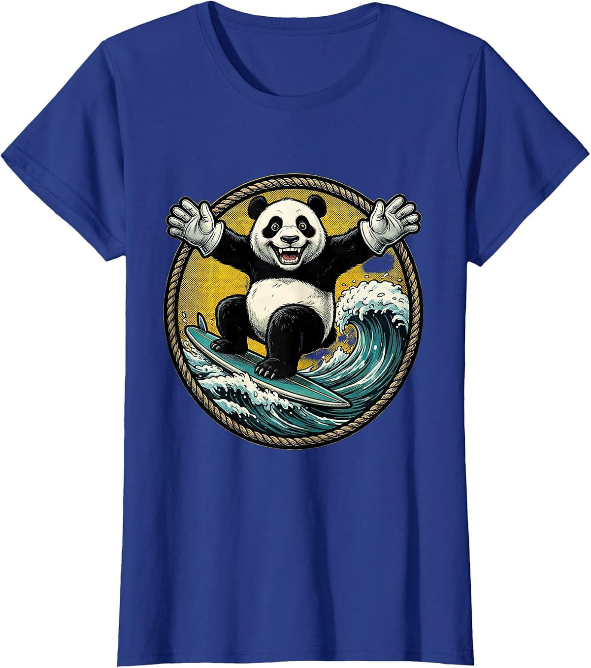 Women's Panda Surfing Ocean Wave Graphic Tee T-Shirt - Royal Blue