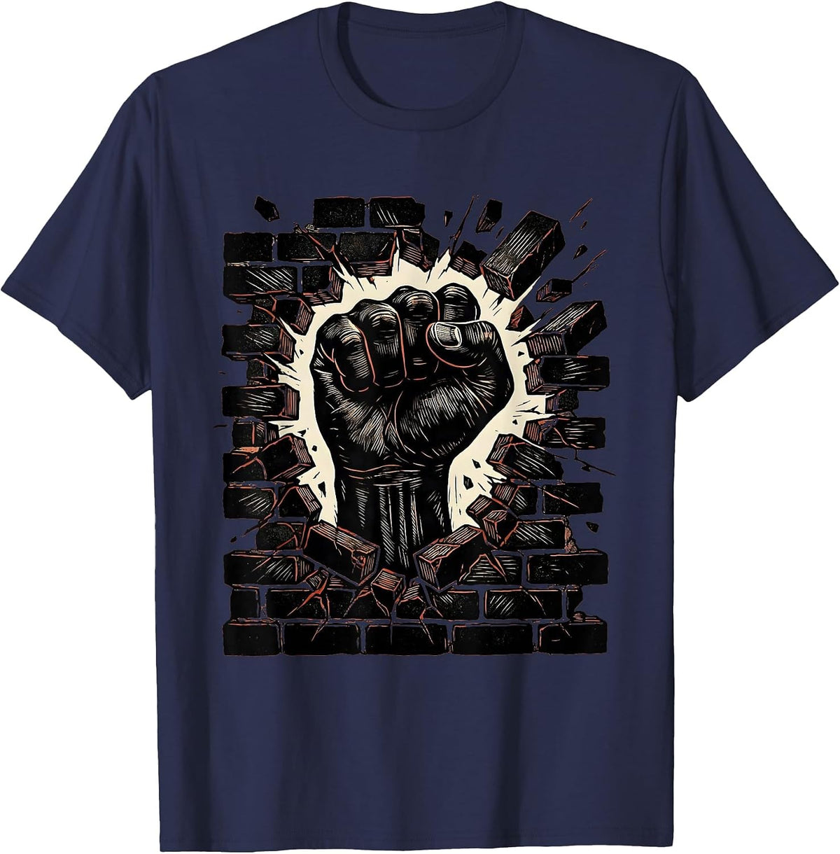 Men's Fist Through Brick Wall Rock Graphic Tee T-Shirt - Navy Blue