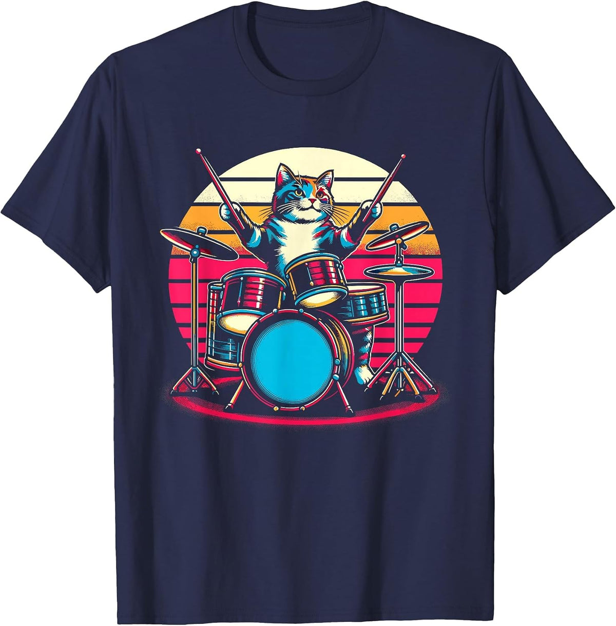Cat Playing Drums Drummer Novelty Music Lover Funny Drummer T-Shirt - Navy Blue