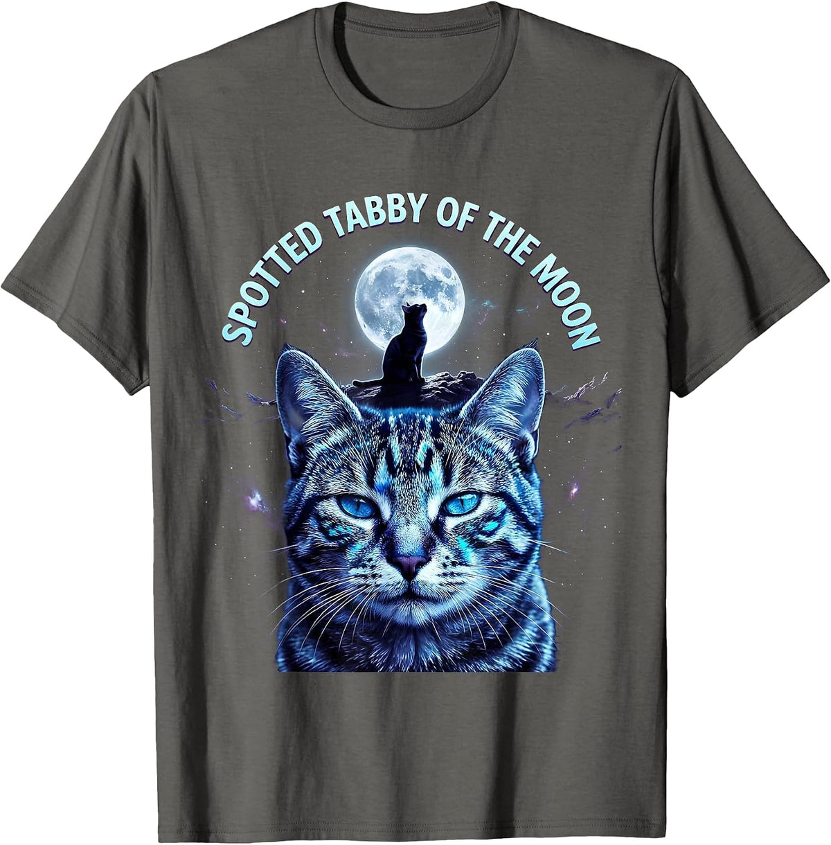 Men's Spotted Tabby Of The Moon Cosmic Cat Lover 90s Retro T-Shirt - Asphalt Grey