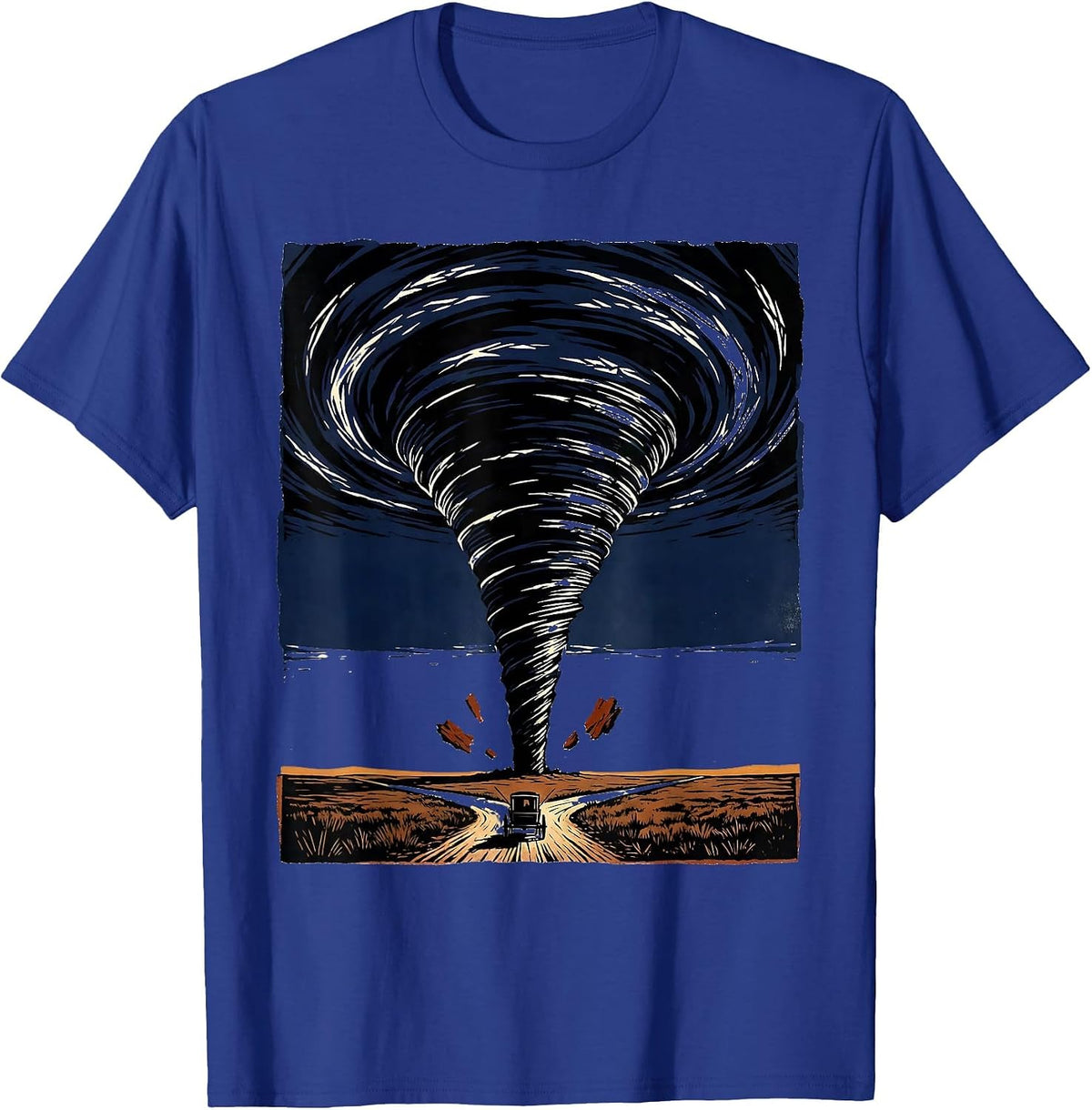 Men's Twister Vortex Linocut Storm Chaser Meteorology Humor T-Shirt - Royal Blue