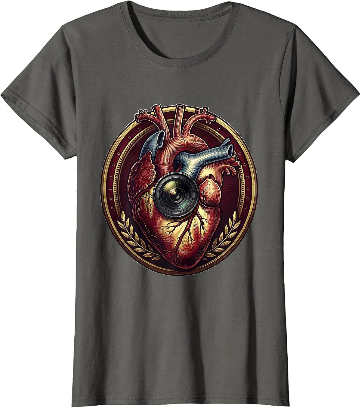 Women's Heart-Shaped Camera Photography Love Art T-Shirt - Asphalt Grey