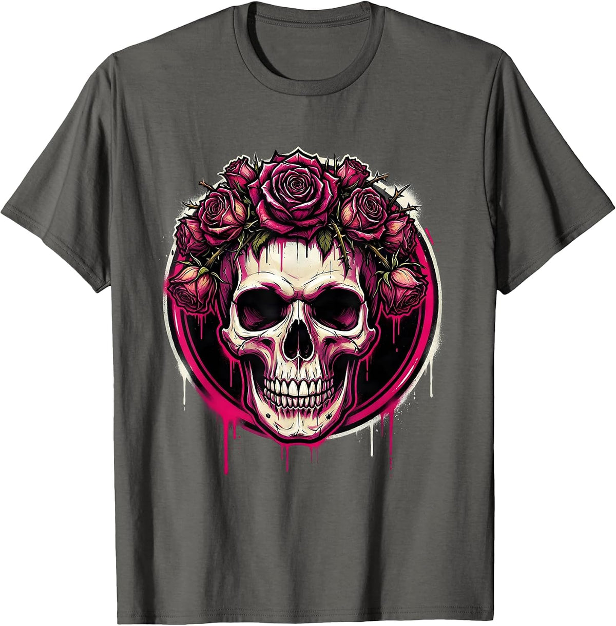 Punk Skull Wilting Roses Gothic Crown Art T-Shirt - Asphalt Grey