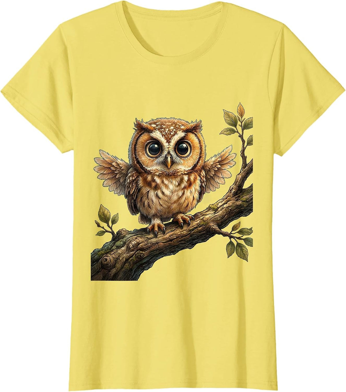 Baby Owl Perched on Branch Cute Nature Design T-Shirt - Lemon Yellow