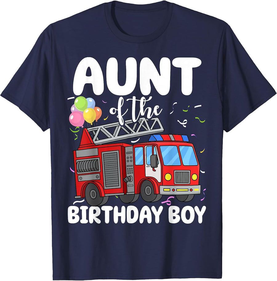 Aunt of The Birthday Boy Fire Engine Family Party T-Shirt - Navy Blue