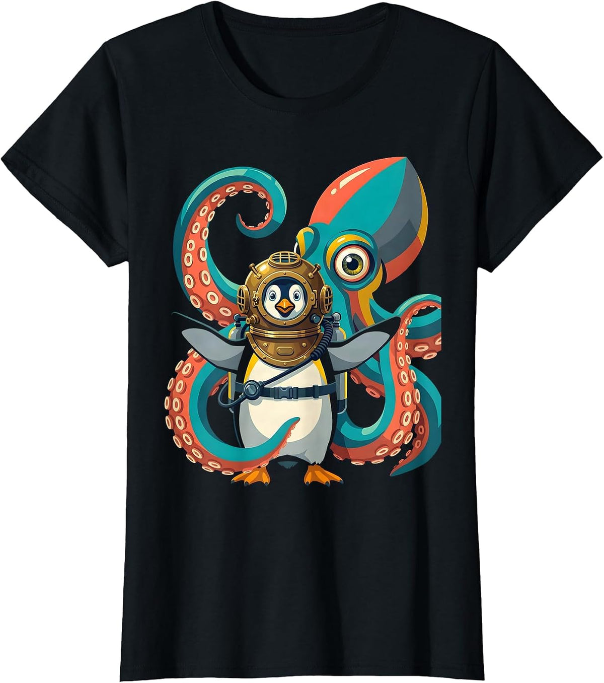 Women's Penguin Deep Sea Diver vs Giant Squid T-Shirt - Black