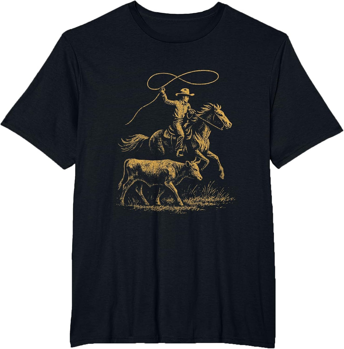 Rodeo Cowboy - Retro Cowgirl Steer Roping Art T-Shirt - Black