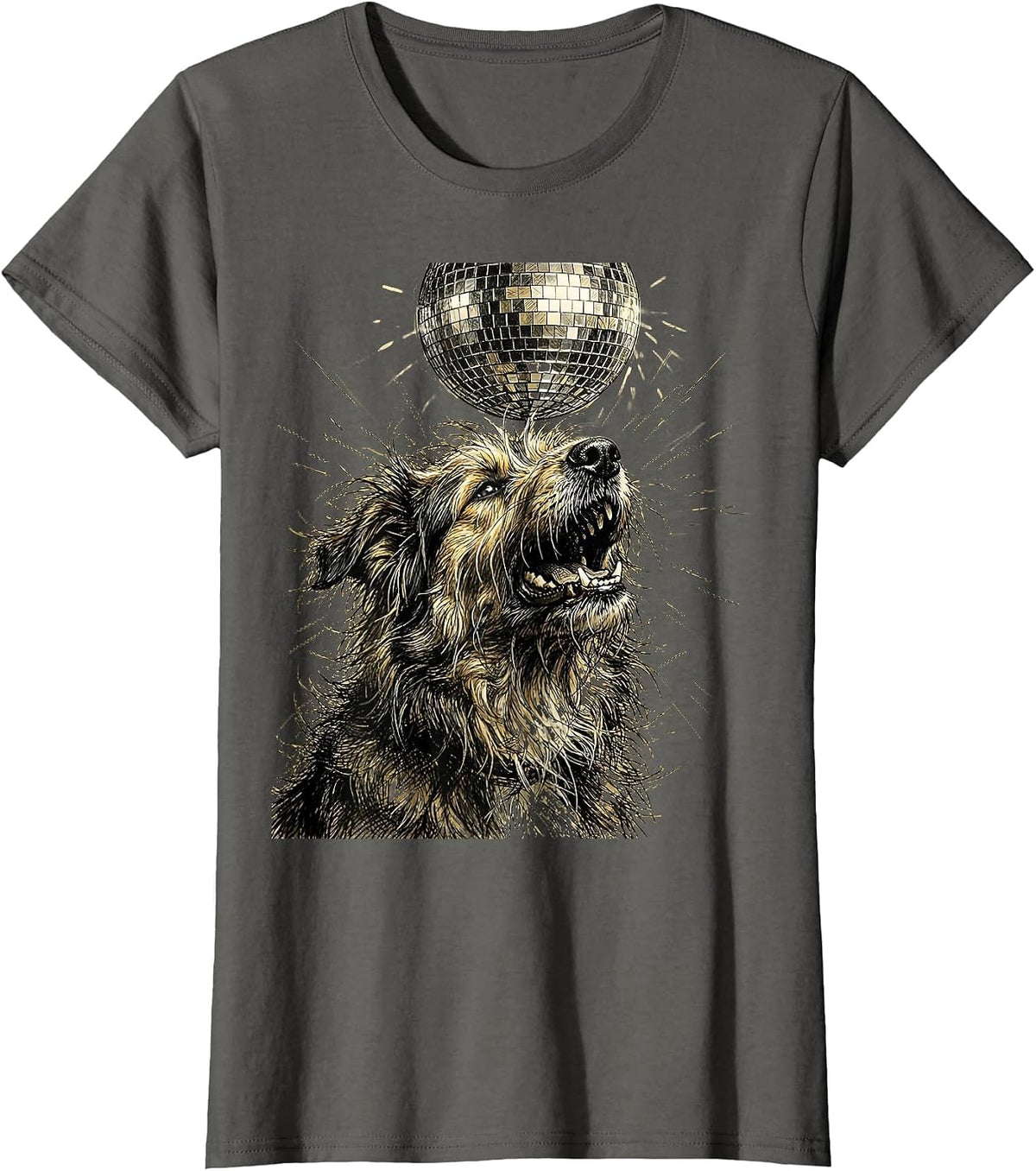 Women's Crazy Dog Howling at Disco Ball Graphic T-Shirt - Asphalt Grey