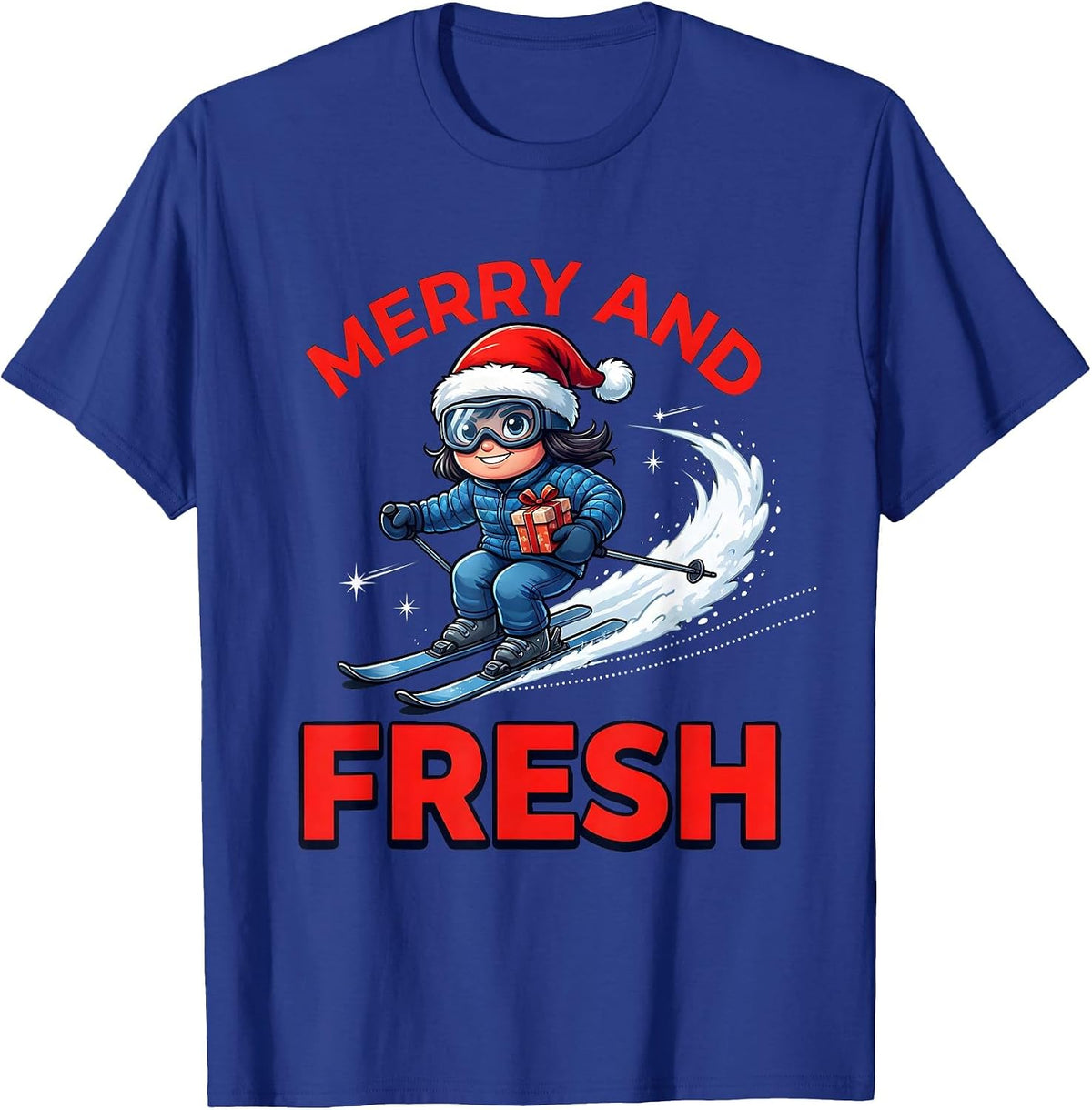 MERRY AND FRESH Funny Skier Christmas Skiing T-Shirt - Royal Blue