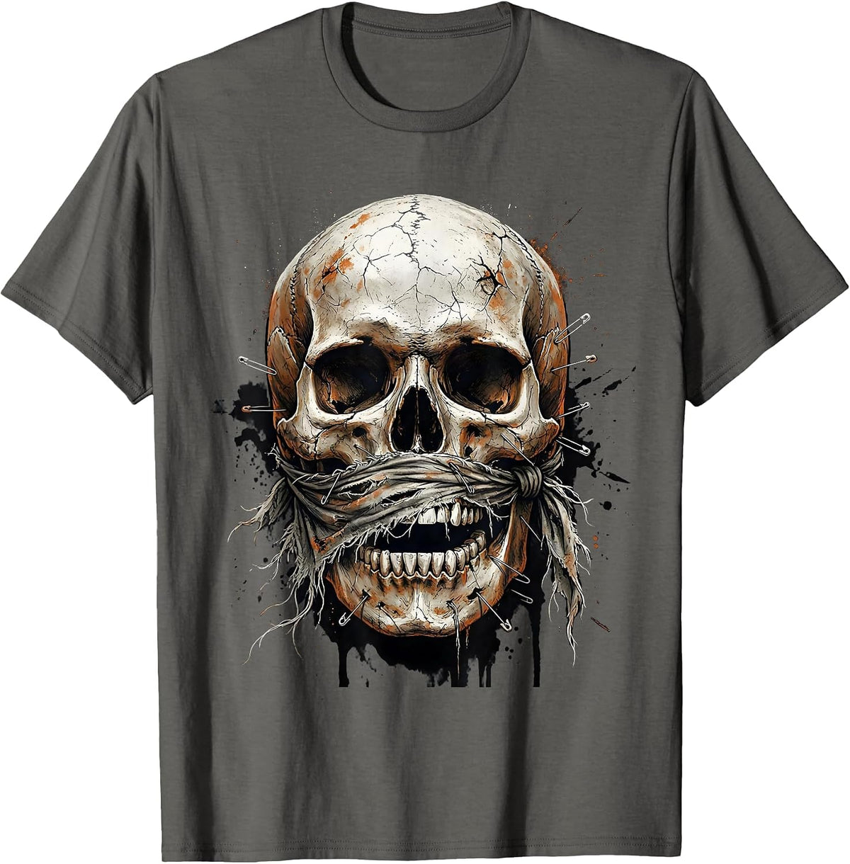 Grunge Skull Torn Bandana Safety Pins Design T-Shirt - Asphalt Grey
