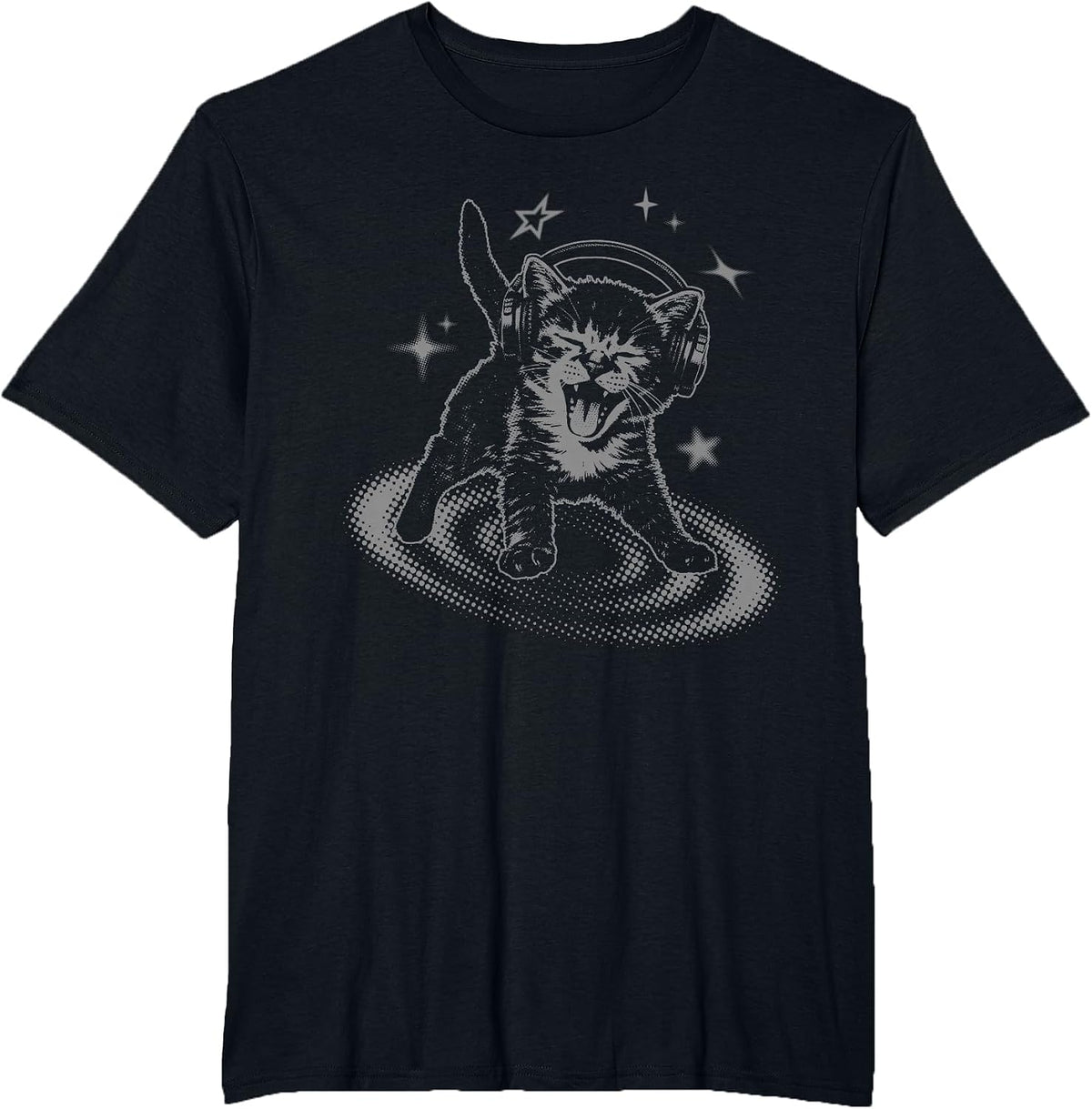 Y2K Cat Headphones Stars Silly 90s Grunge Vintage Graphic T-Shirt - Black