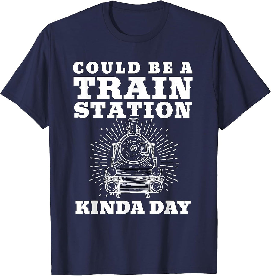 Train Station Kinda Day - Funny Retro Model Train & Railroad T-Shirt - Navy Blue